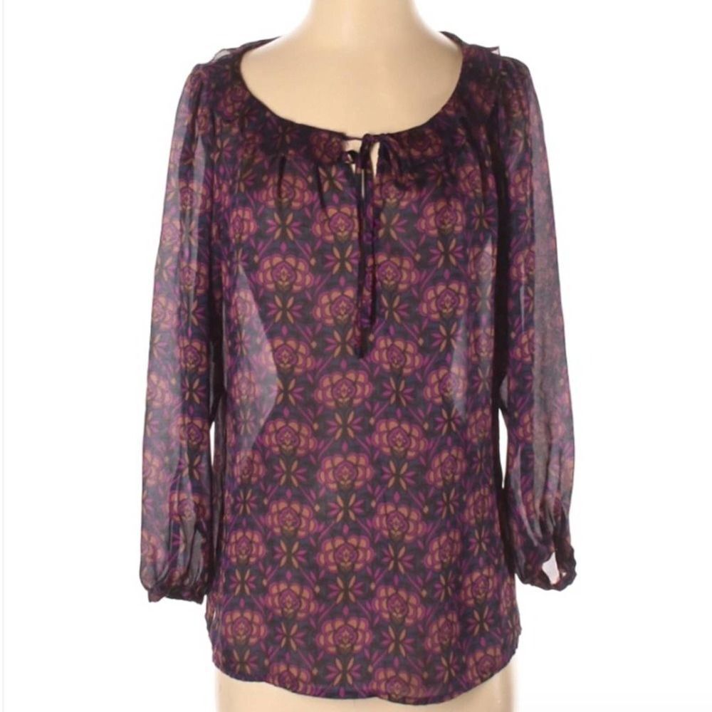 LOFT Long Sleeve Tie Neck Print Blouse Small